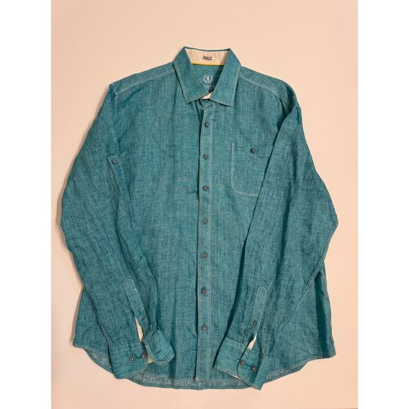 Men's Teal Bugatchi Uomo 100% Linen Long Sleeve Shirt Button Down Size XL - Picture 1 of 5